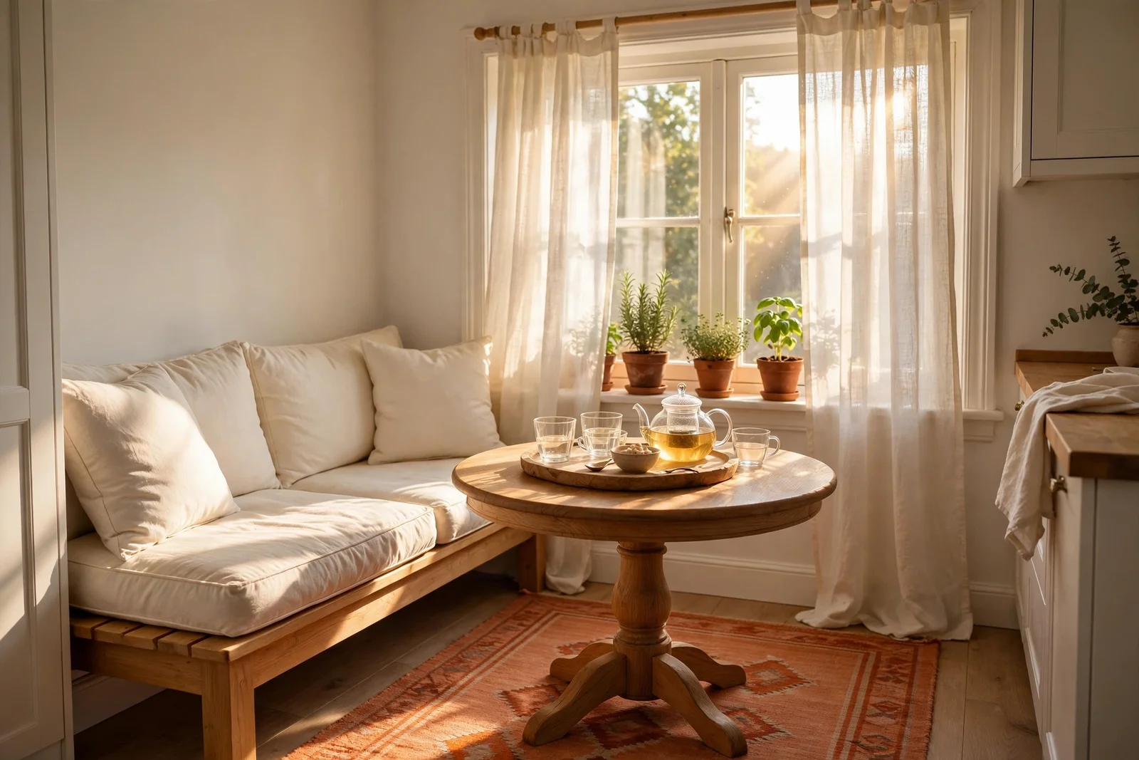 Sunlit cozy breakfast nook with cushioned bench, round pedestal table and sheer linen curtains