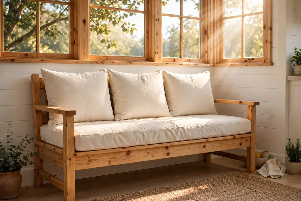 Cushioned wooden breakfast bench with cream slipcovers against a bright sunlit kitchen wall