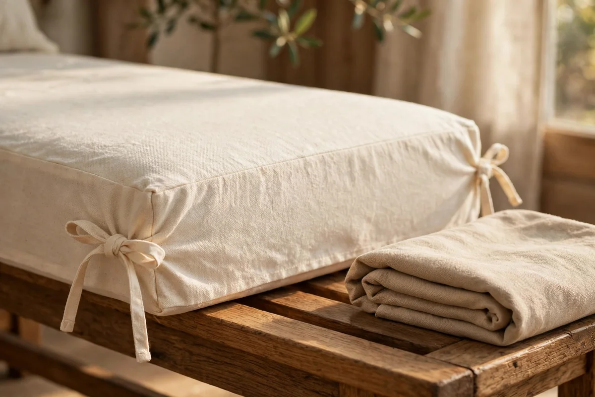Breakfast bench dressed in washable cream cotton slipcovers with tie closures