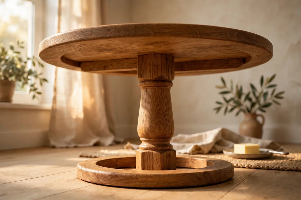 Round oak pedestal breakfast table with open knee space beneath the top