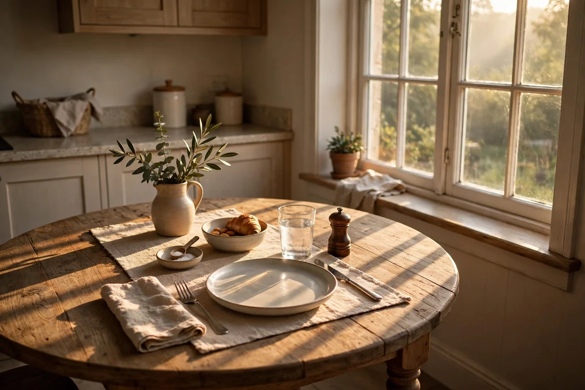 Breakfast table angled toward soft morning sunlight from an east-facing window