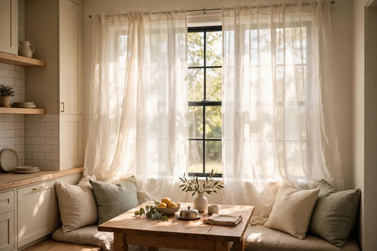 Sheer ivory linen curtains softening bright morning light in a breakfast nook