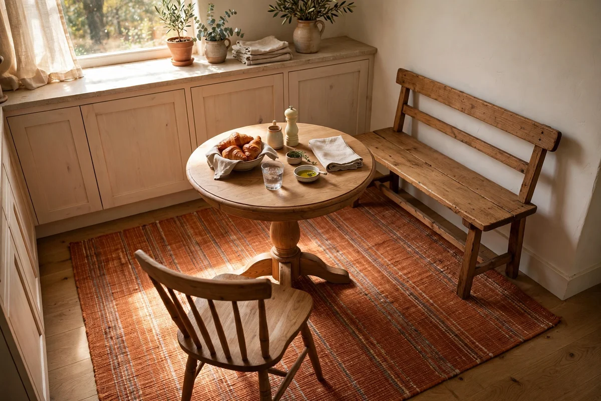 Warm terracotta flatweave rug under a round breakfast table and bench