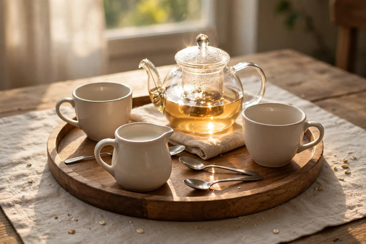 Wooden tray set with cups, glass teapot and small milk jug ready for breakfast