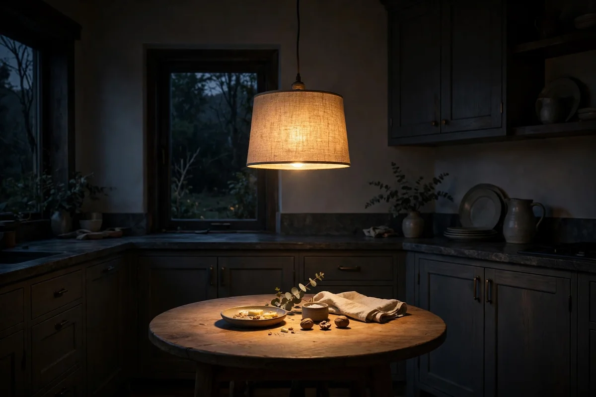 Low pendant light glowing softly above a small round breakfast table