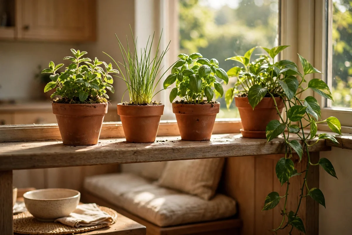 Kitchen windowsill lined with small potted herbs and a trailing plant