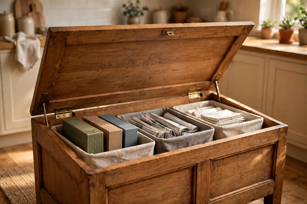 Open bench seat revealing board games and weekend papers stored in boxes inside