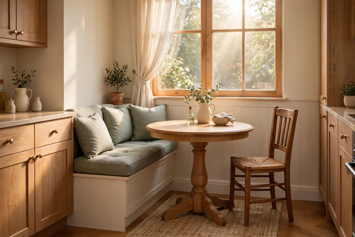 Two-person breakfast nook with 75 cm round table, bench and one chair