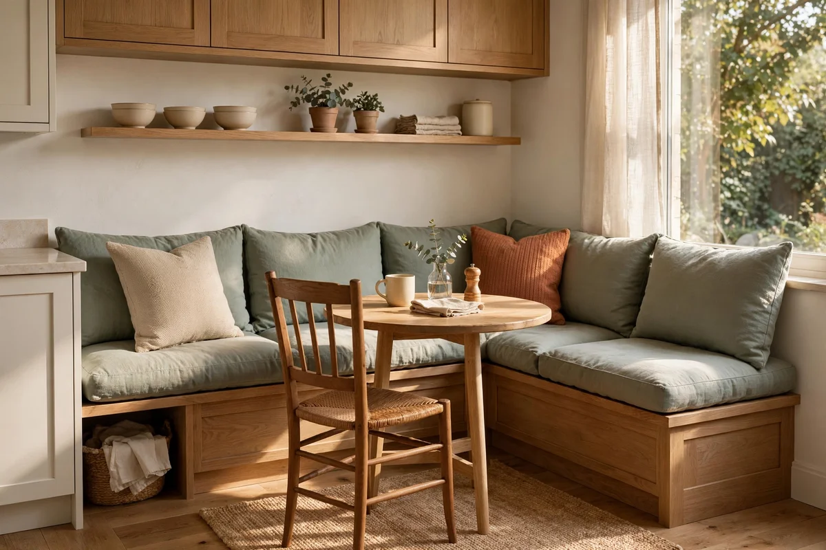 L-shaped corner bench with a freestanding chair around a small round table