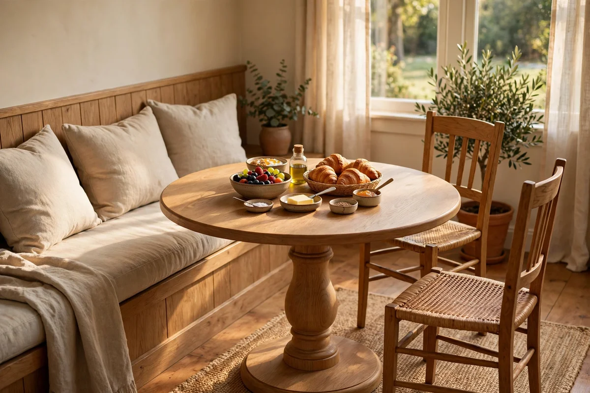 Four-person breakfast nook with 105 cm round table, long bench and two chairs