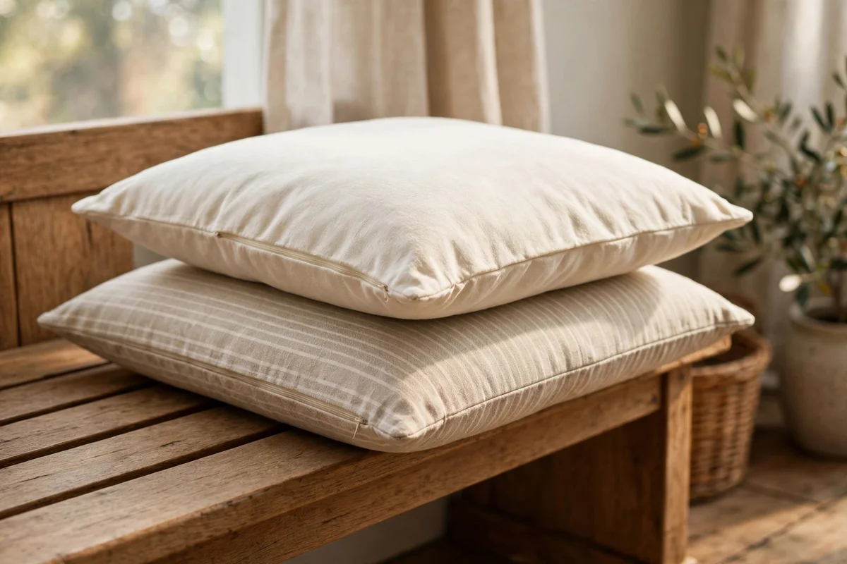 Two washable cushions in cream and oatmeal layered on a breakfast bench