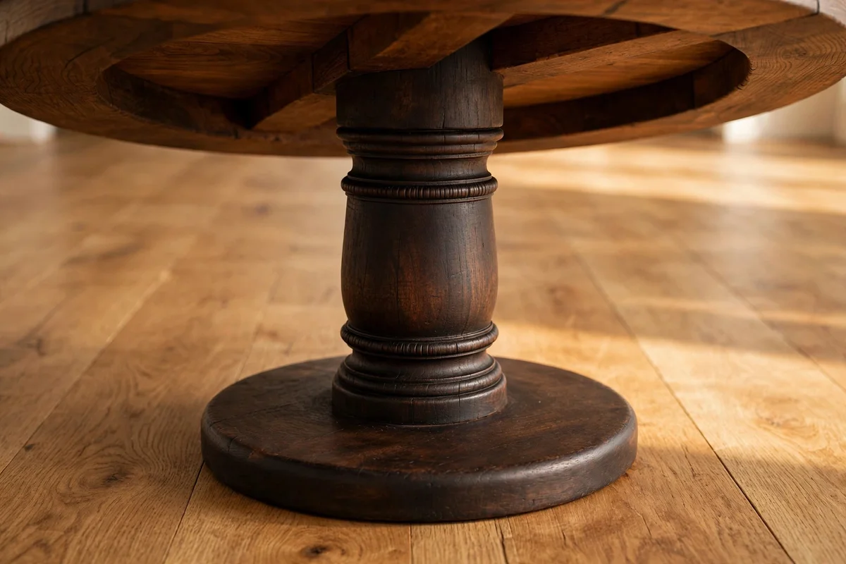 Close-up of a central pedestal table base with open knee space around it