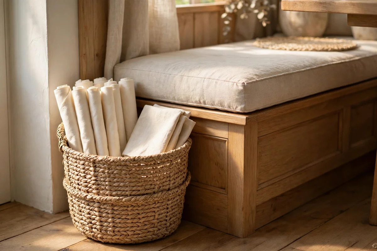 Woven seagrass basket with rolled cloth napkins beside a breakfast bench