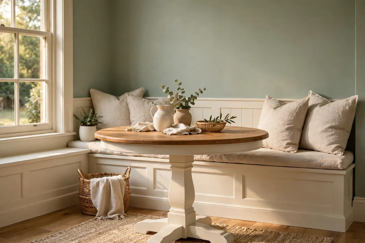 Breakfast bench and table base painted in warm white with soft sage accents
