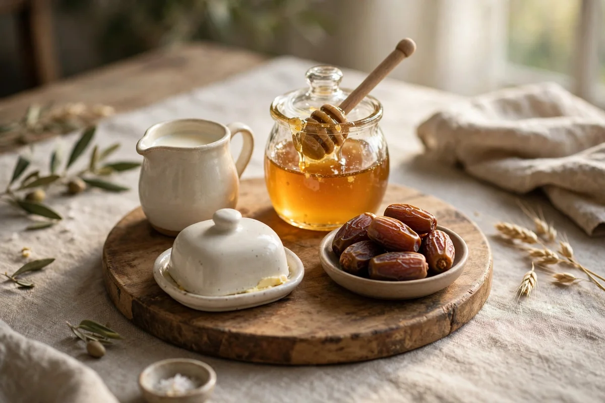 Morning ritual tray with honey jar, small milk pitcher and dish of dates