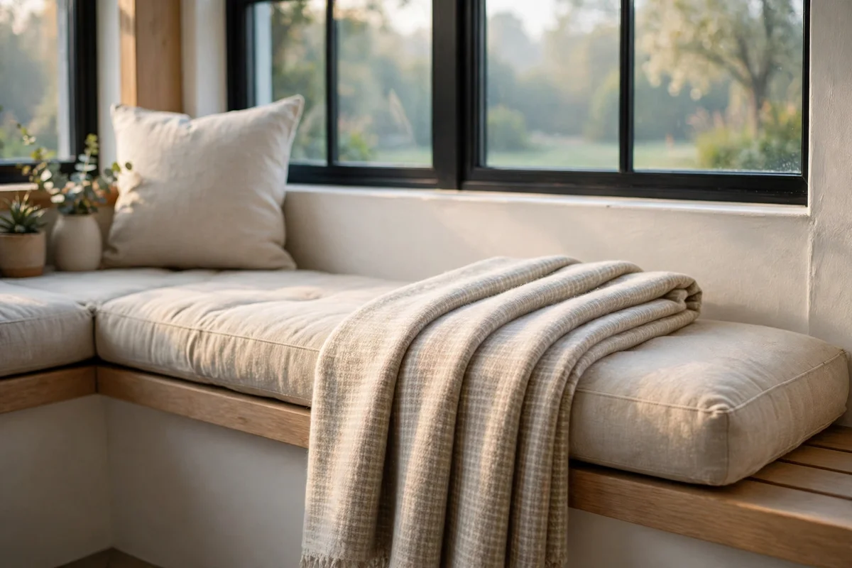 Lightweight oatmeal wool throw folded over the corner of a breakfast bench