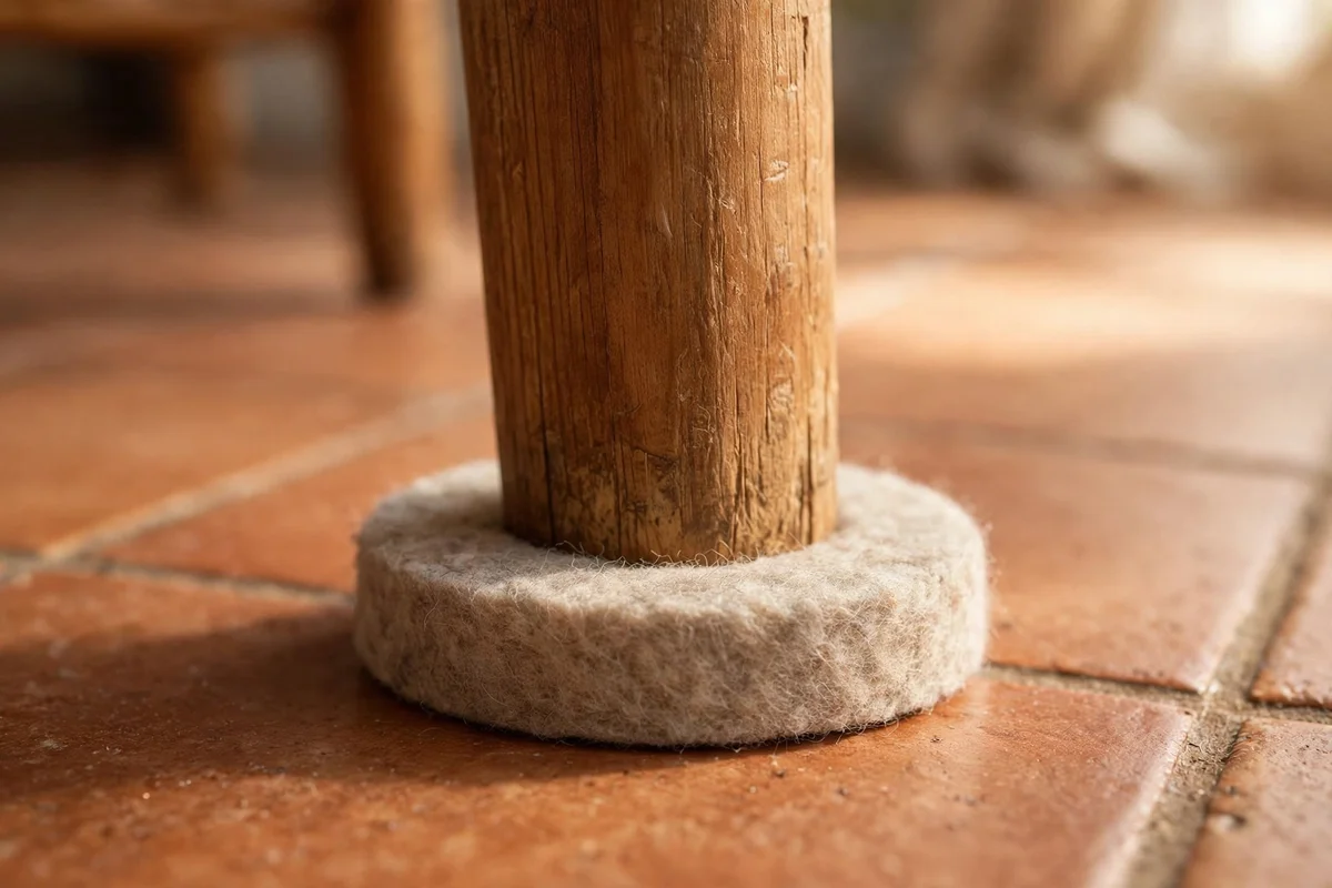 Close-up of thick felt pads fitted under a wooden table leg on a tiled floor