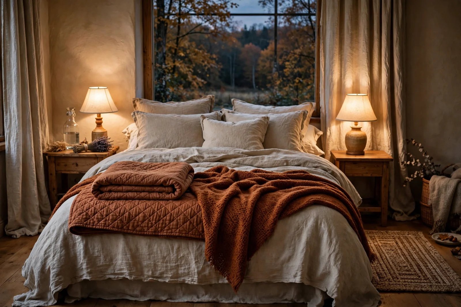 Cozy fall bedroom with layered bedding, glowing lamps and linen curtains