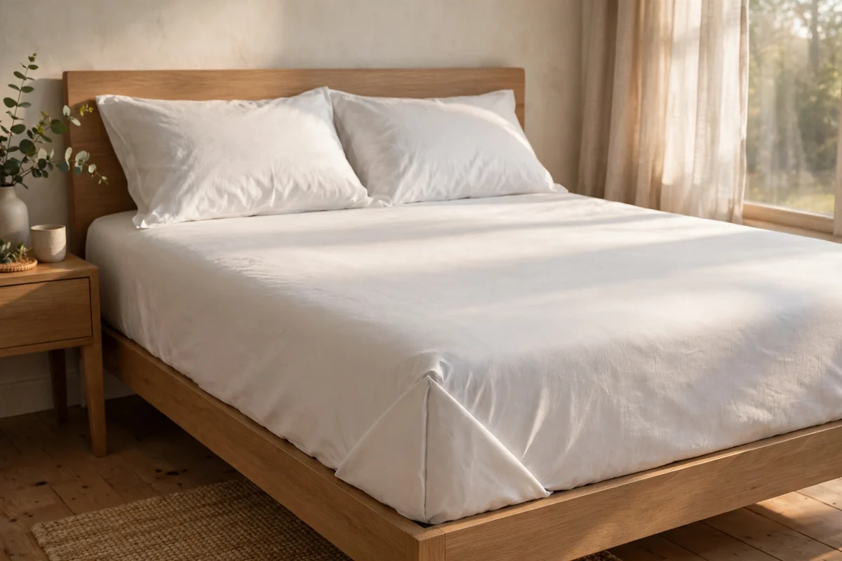 Crisp cotton sheets with neat hospital corners on an autumn bed