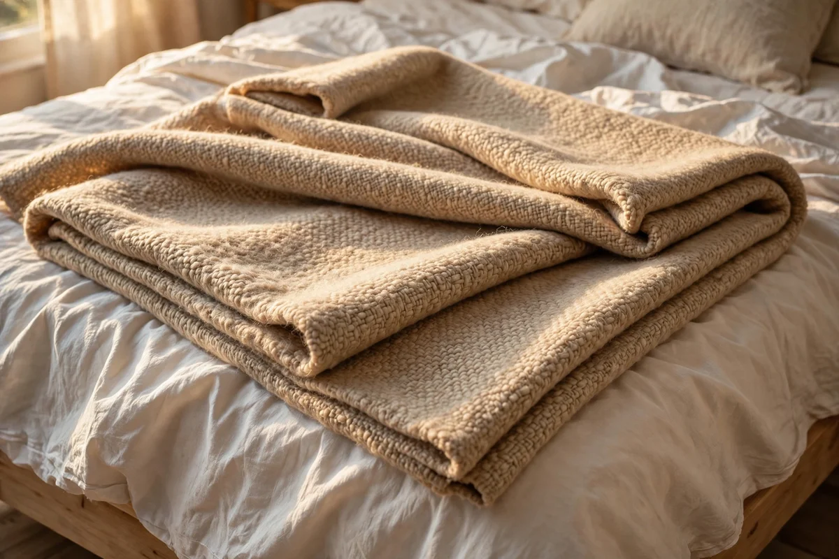 Wool blanket layered over cotton sheets on an autumn bed
