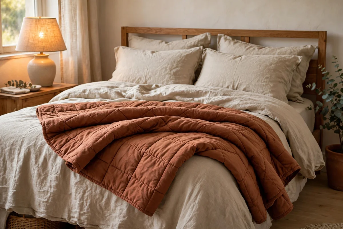 Quilt folded across the foot of an autumn bed