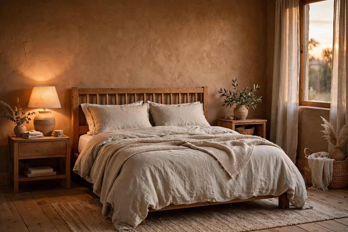 Warm clay accent wall behind an autumn bed