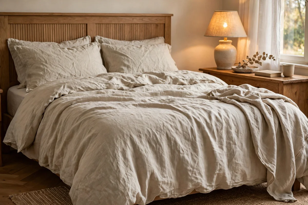 Oat-coloured linen bedding as a calm base