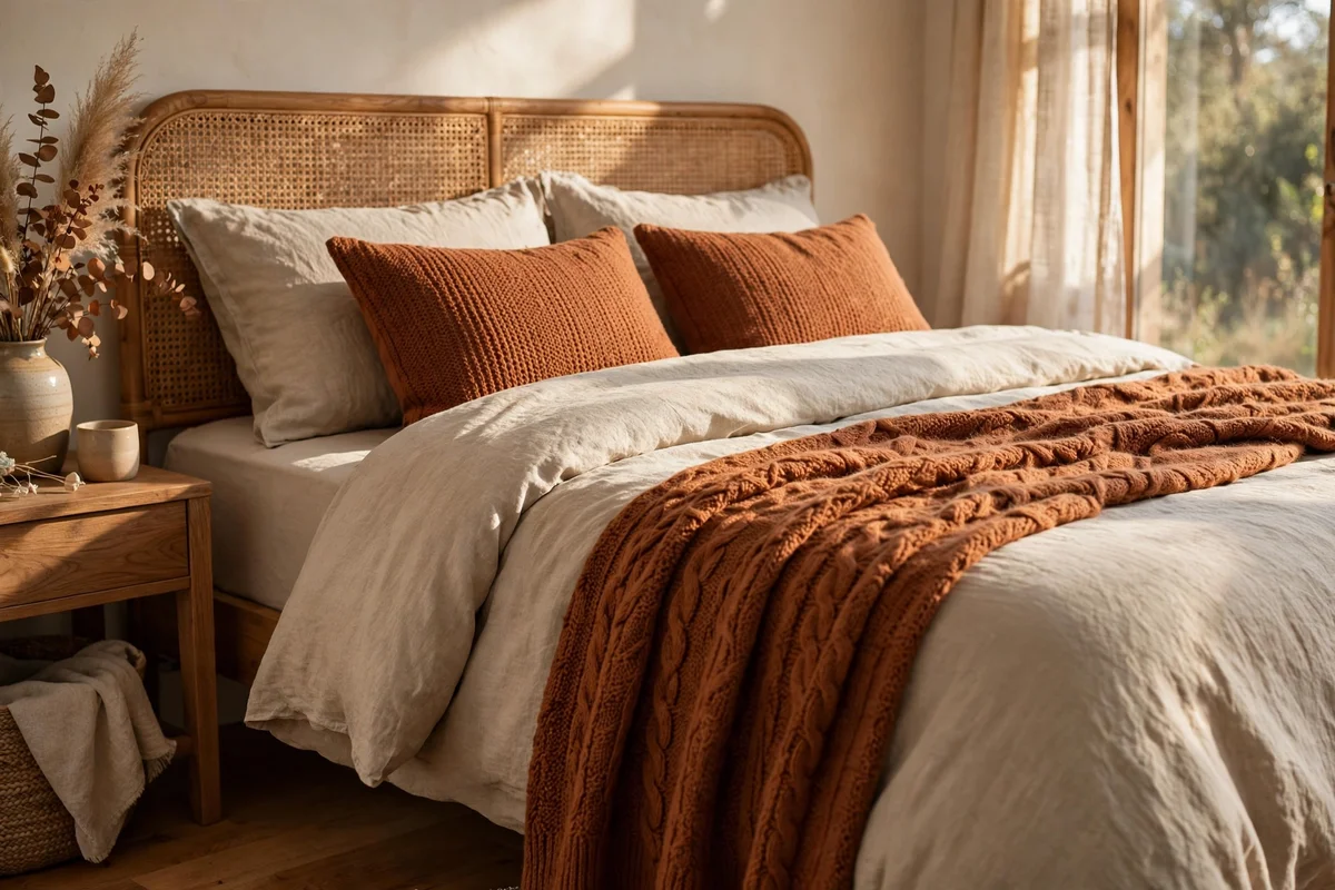 Muted rust cushions and throw on oat bedding