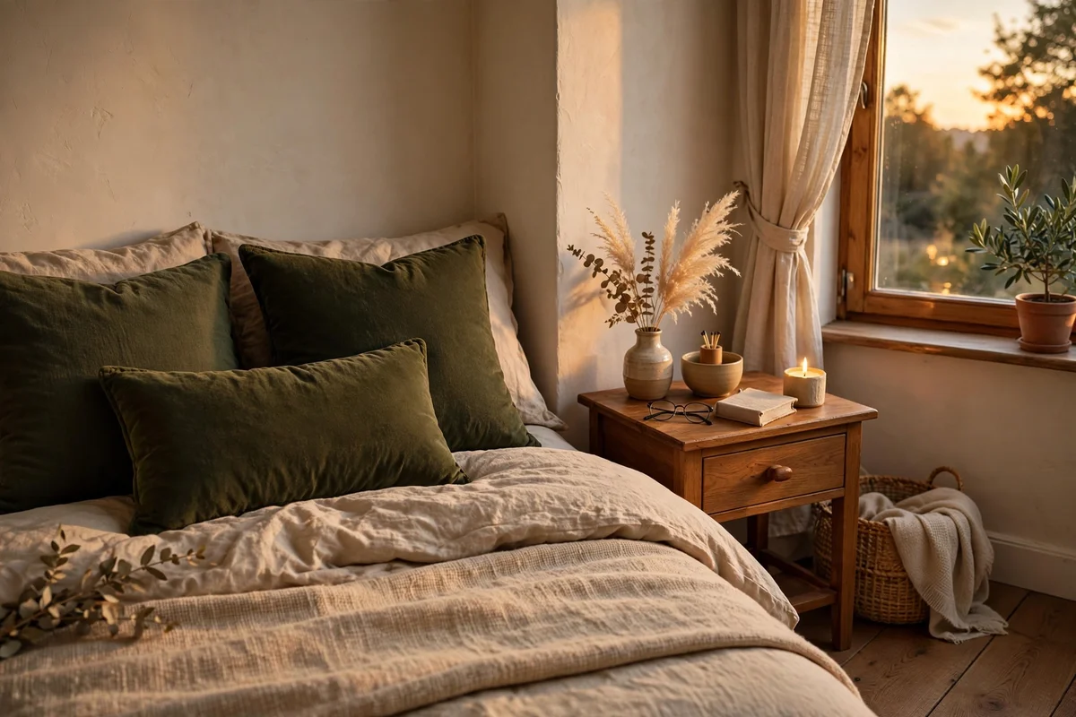 Deep olive cushions grounding an autumn bedroom palette