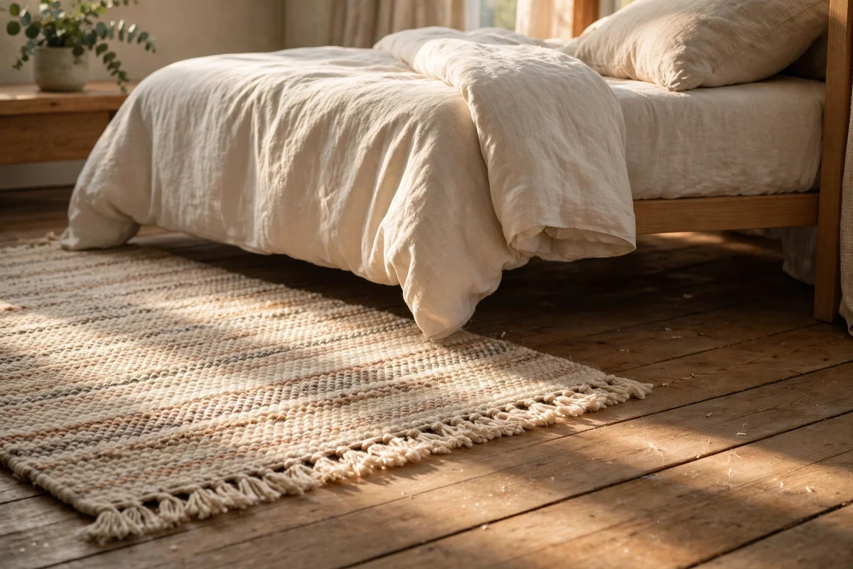Soft rug placed where feet land beside the bed