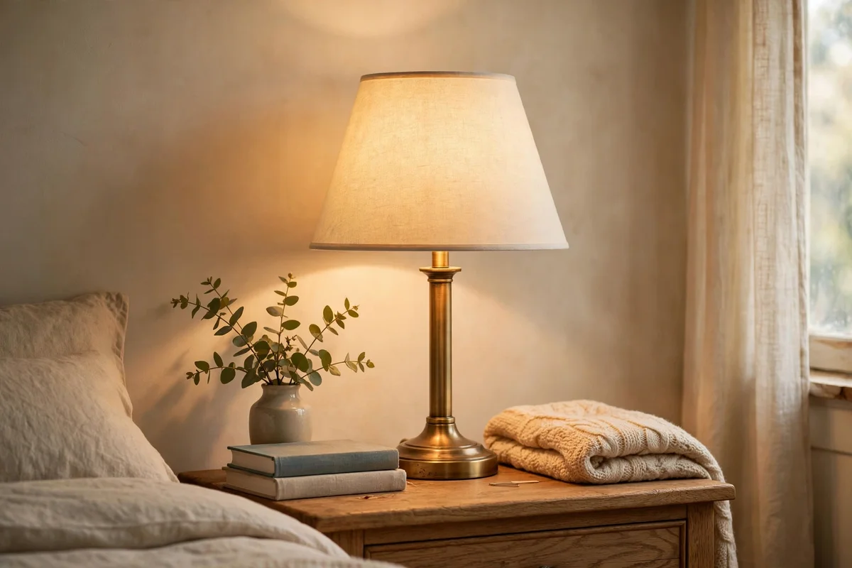 Fabric lampshade glowing warmly from within