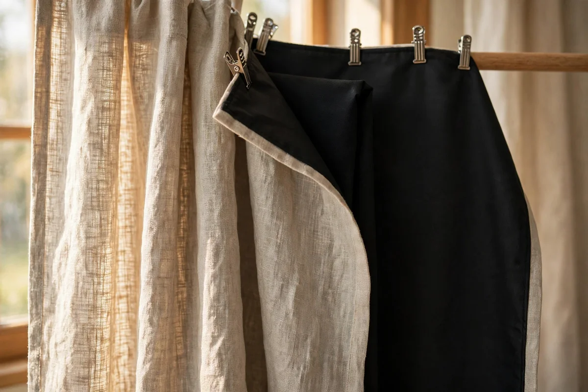Blackout lining hidden behind linen curtains