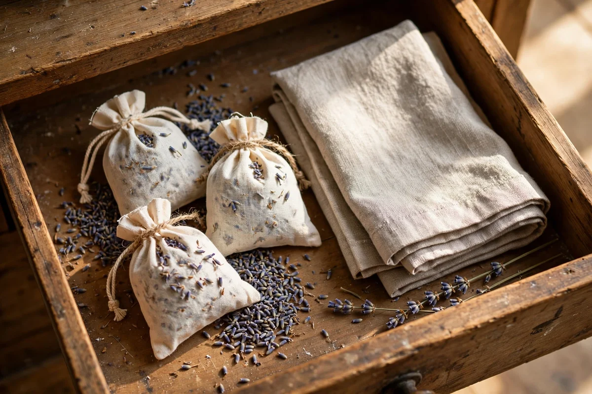 Dried lavender sachets in a bedroom drawer