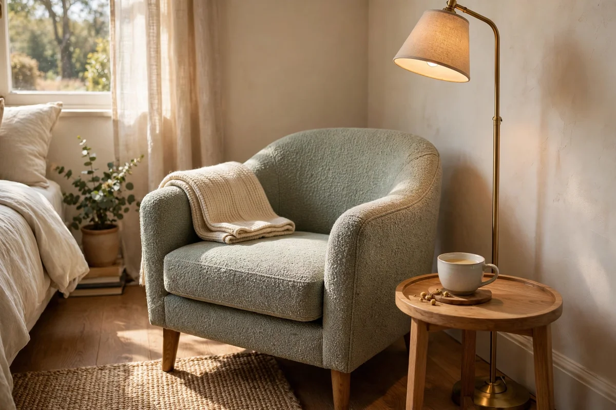 Small reading chair corner in a bedroom