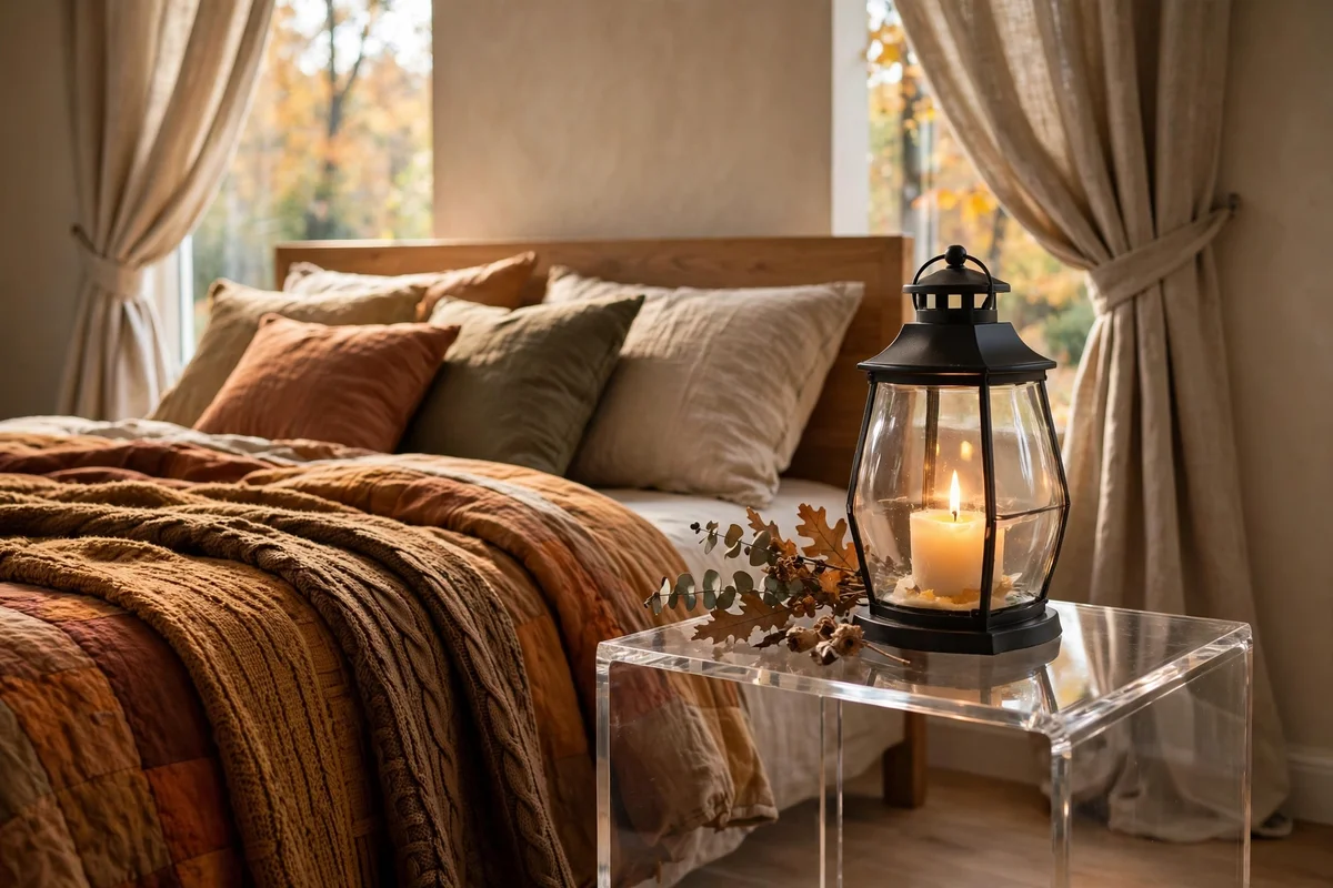 Candle safely inside a glass lantern on the nightstand