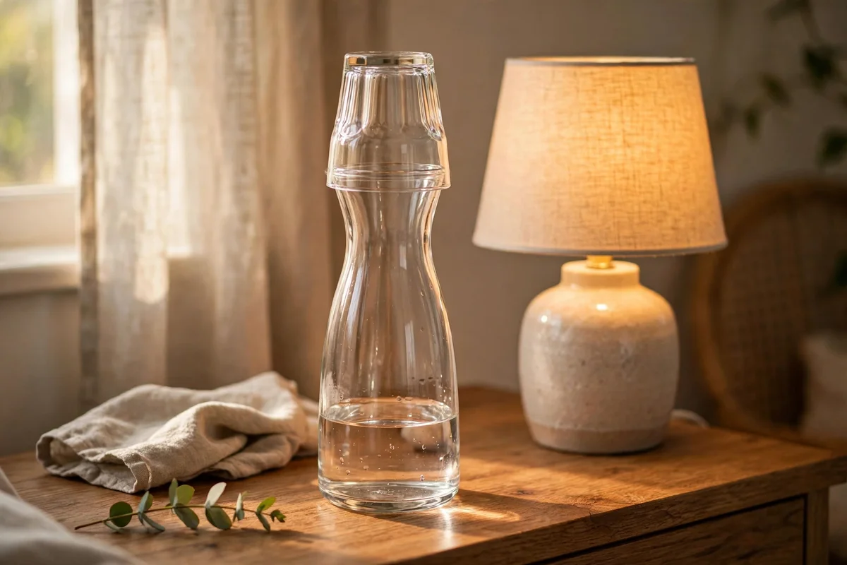 Glass carafe and cup on the nightstand