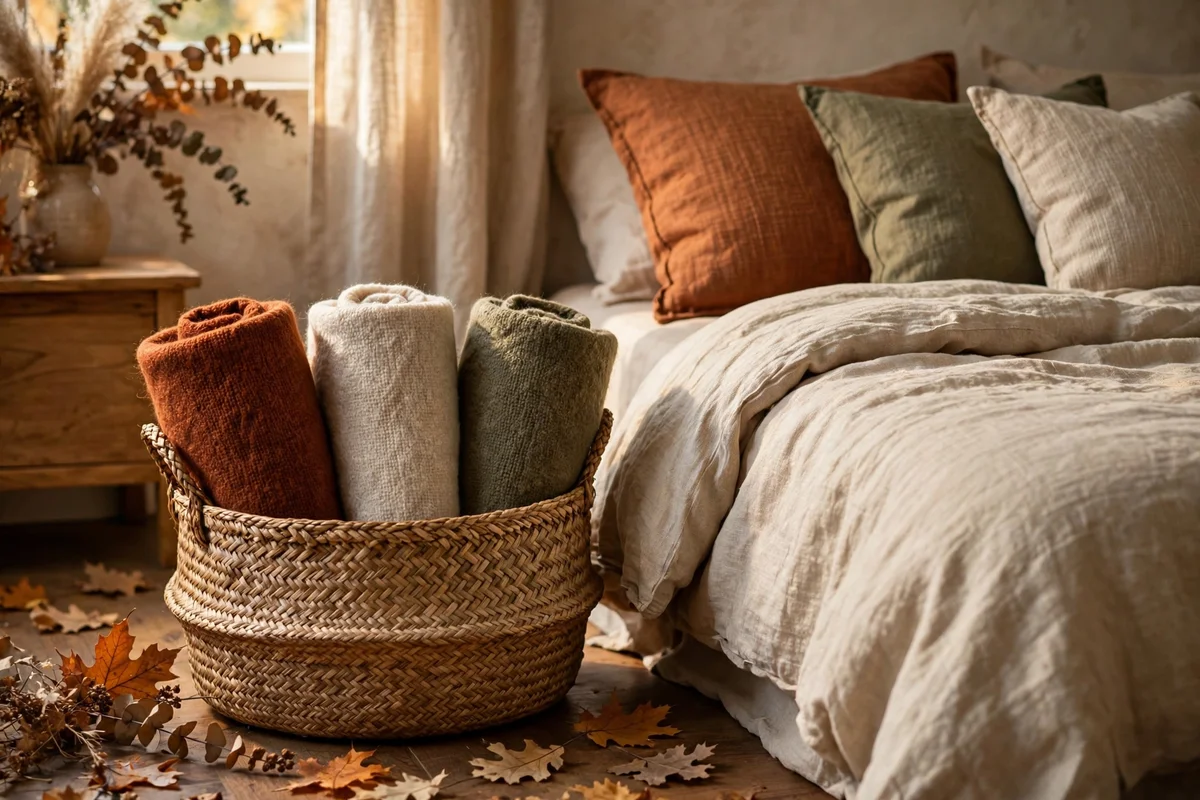 Woven basket of extra throws by the bed