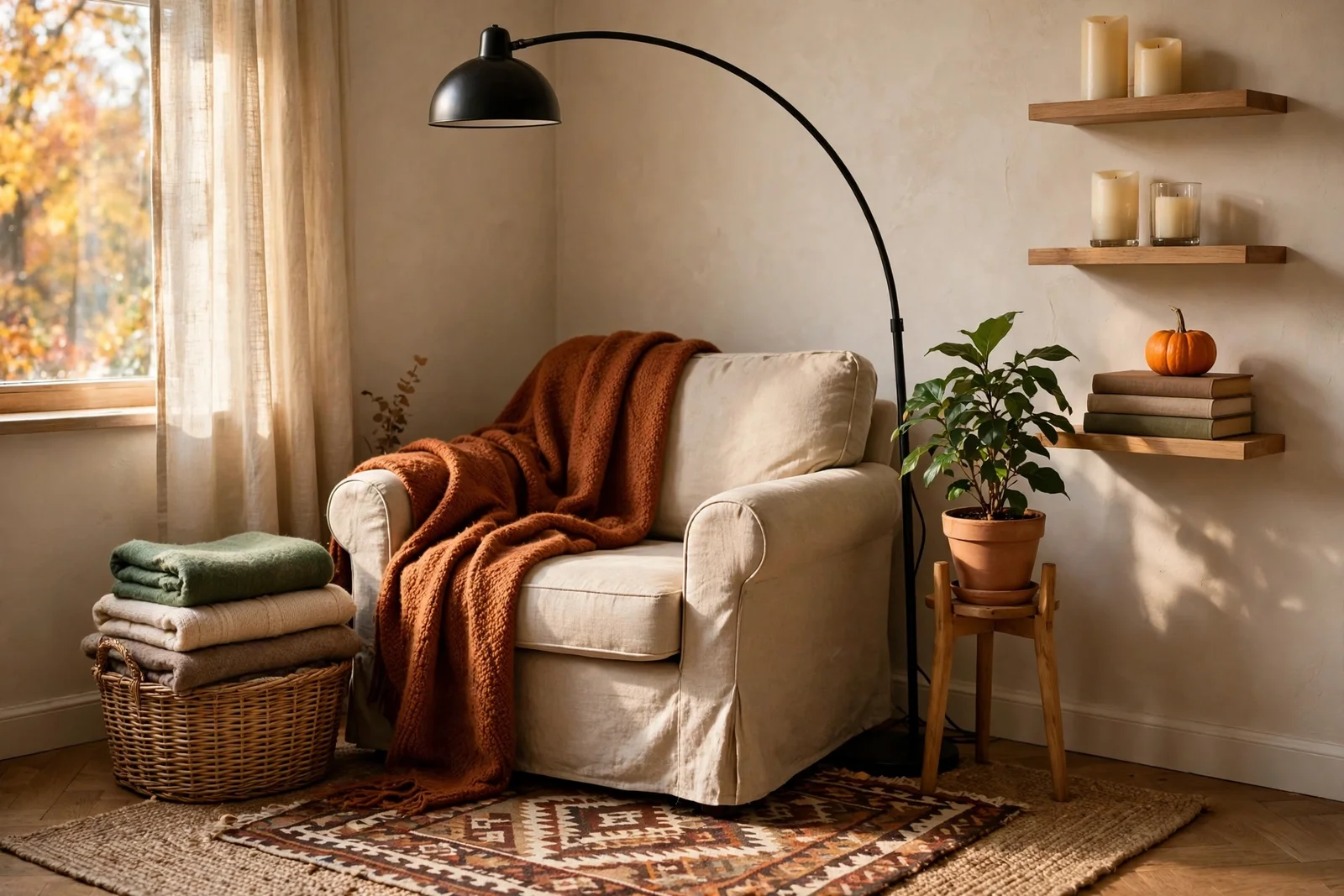 Cosy autumn corner with armchair, throw, basket of blankets, arc lamp and layered rugs
