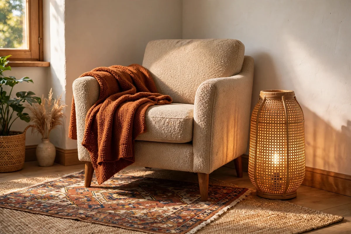 Armchair angled into a corner with a rust wool throw draped over one arm