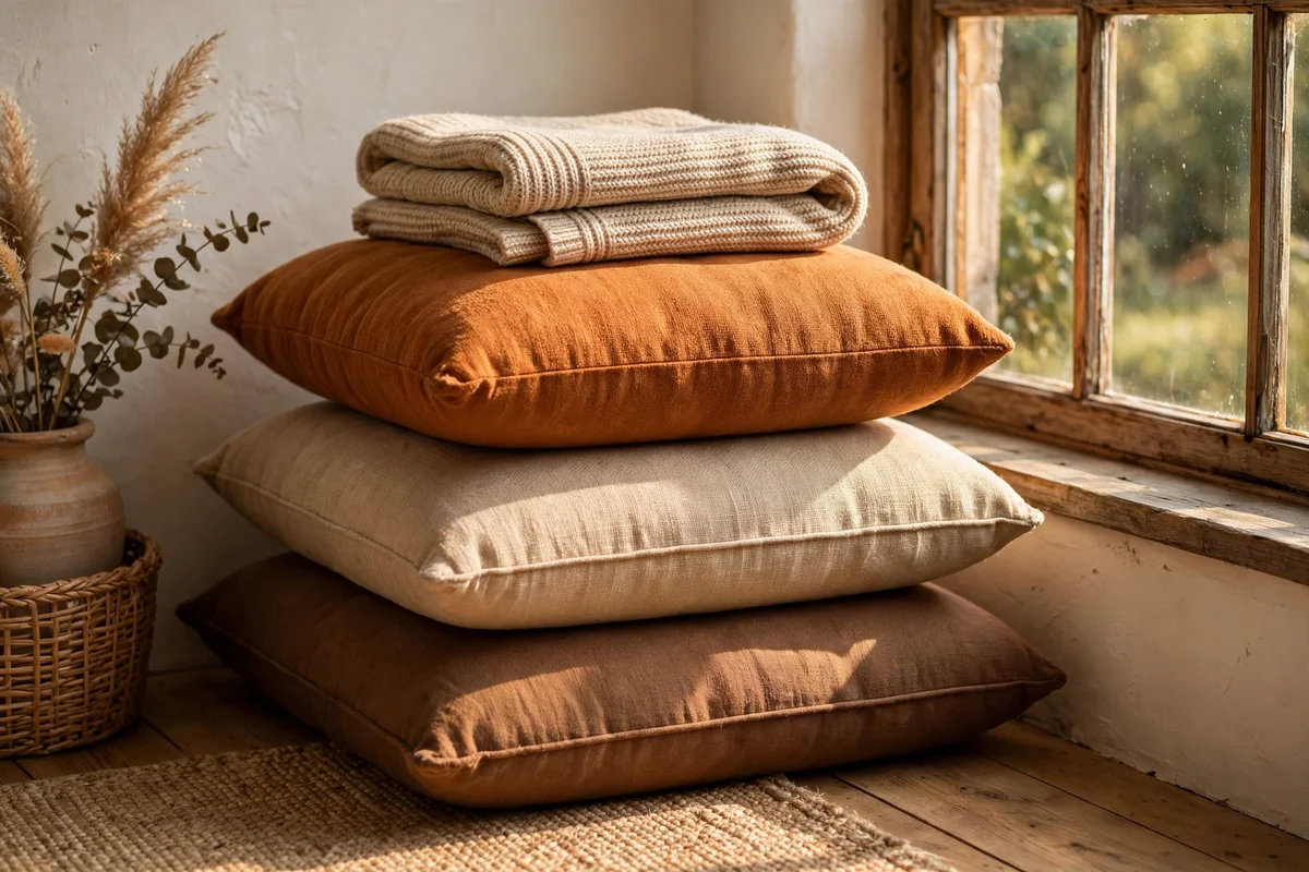 Stack of three floor cushions in harvest tones beside a low window