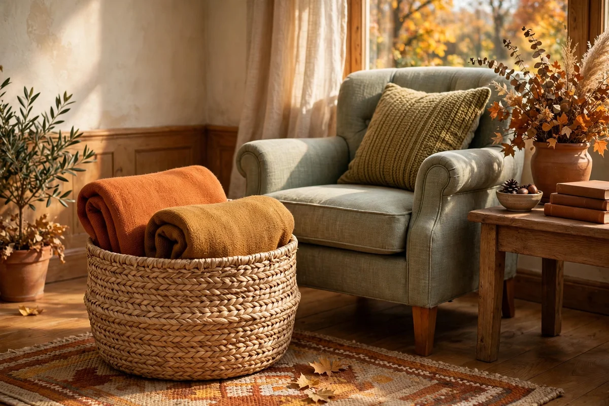 Woven basket holding two folded throws beside an armchair
