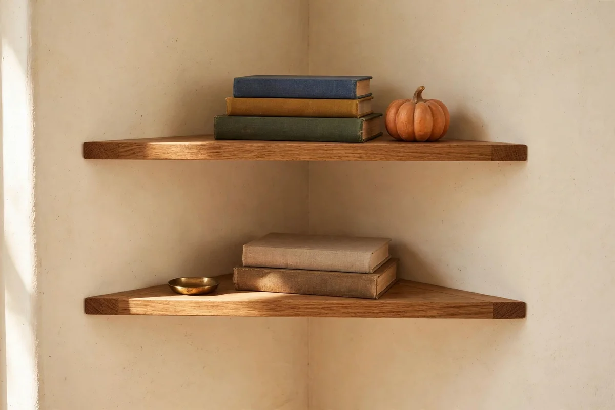 Two floating corner shelves with books, a small pumpkin and a brass dish