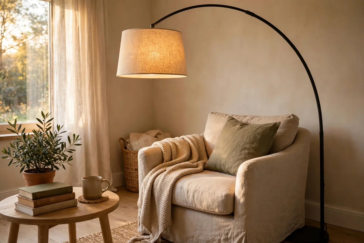 Arc floor lamp curving over a corner armchair with a glowing shade