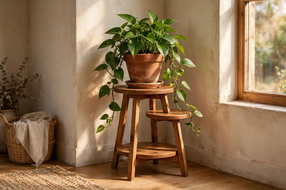Leafy plant in a terracotta pot on a wooden stand in a corner