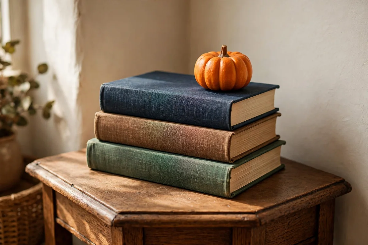 Stack of three hardback books topped with a small faux pumpkin