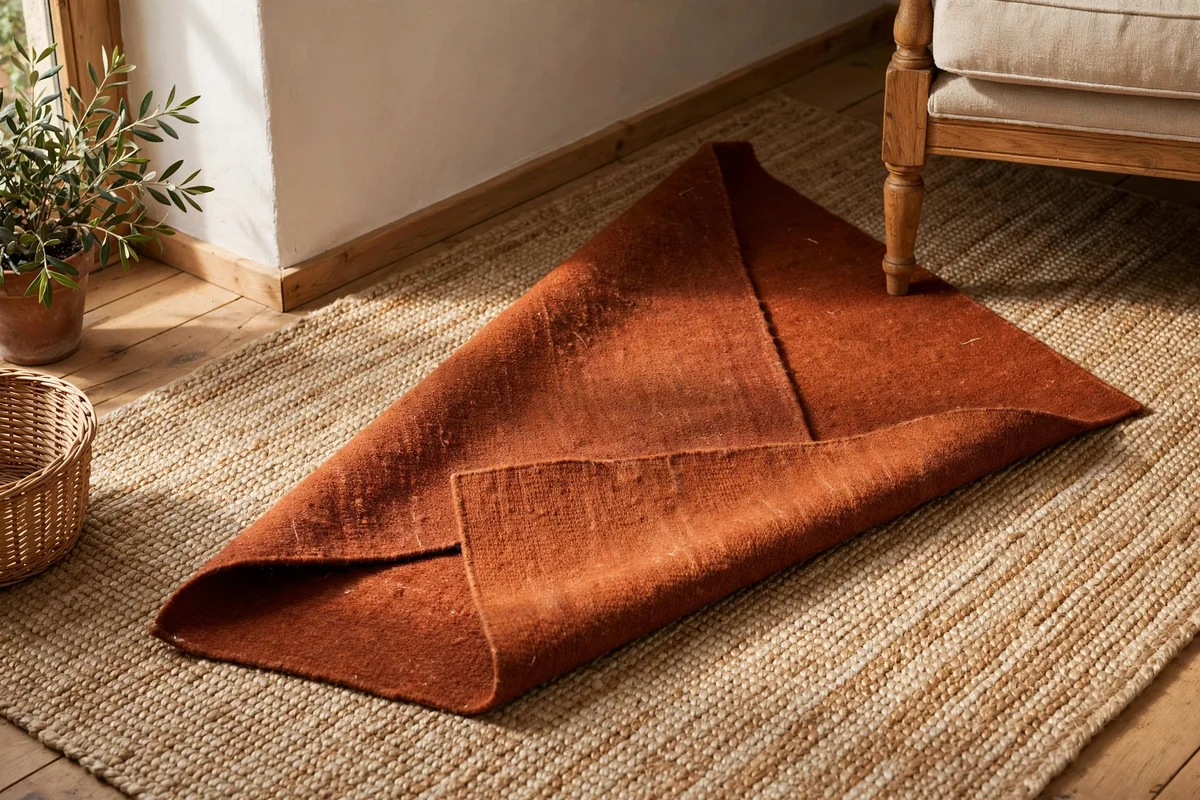 Smaller wool rug angled over a larger jute rug in a room corner