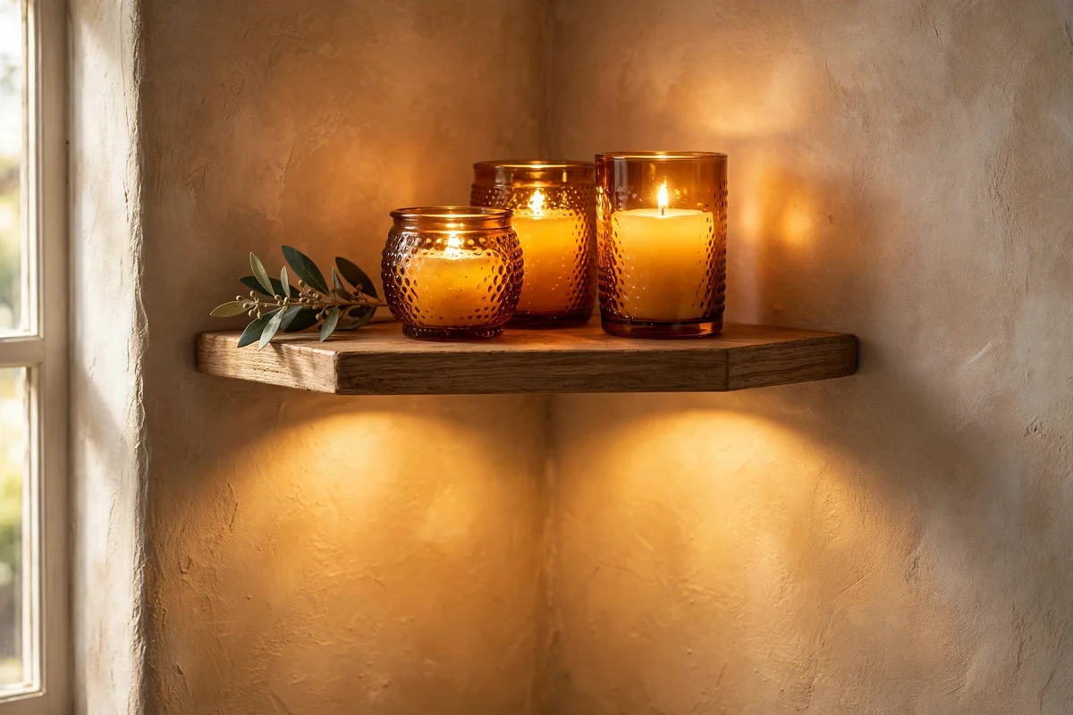 Three flameless candles in amber glass holders on a corner shelf