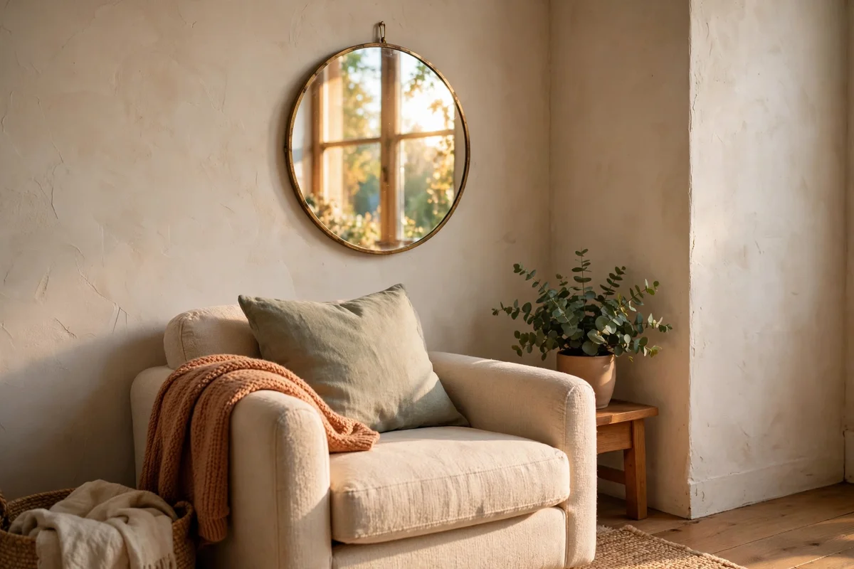 Small round brass-framed mirror hung on a corner wall above a chair