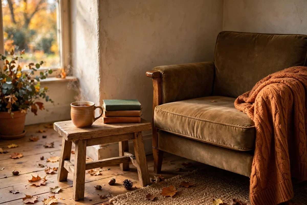 Low wooden stool beside an armchair holding tea and books