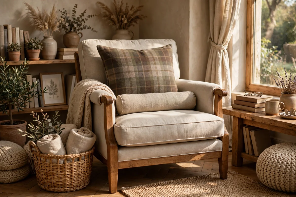 Armchair with a plaid cushion and a bolster on the seat
